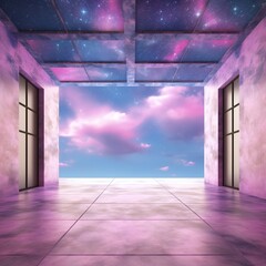 Futuristic penthouse apartment with glorious outside view from large windows of space and the planet landscape