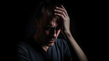 sad man with severe headache depressive looking down with hands on face