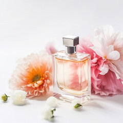 Bottle of perfume with flowers on white background. Generative AI