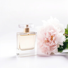 Bottle of perfume with flowers on white background. Generative AI