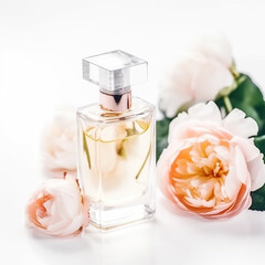 Bottle of perfume with flowers on white background. Generative AI