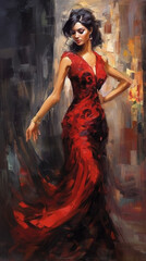 Fototapeta na wymiar Stunning Full body Figurative painting in red dress, flamenco style. Generative AI