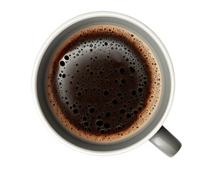 Top view of grey mug with hot black coffee on isolated transparent background, perfect for retouch design. Generative AI