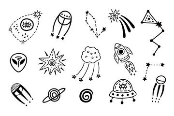 Outer Space cute cosmic hand drawn doodles set.