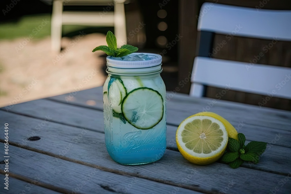 Poster refreshing drink made of lemon and cucumber in a mason jar. generative ai