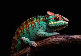 ilustracion de camaleon verde y rojo en una rama. Ilustracion de IA generativa