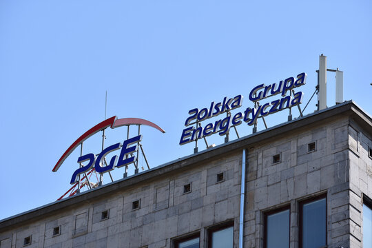 PGE Polska Grupa Energetyczna. Polish state-owned electric power distribution company. Signage, logo on the facade. WARSAW, POLAND - MAY 21, 2023