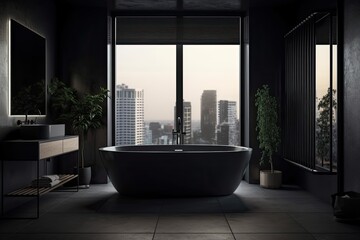 Interior design ad concept, mockup, empty bathroom with a blank white banner on the black wall, large window, city view. Generative AI