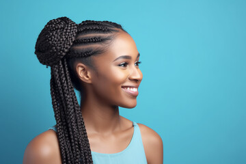 Young smiling afro-american woman with braids on the blue background. Generative AI