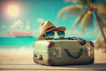 Obraz premium beach vacation with essential items packed in a suitcase. Generative AI