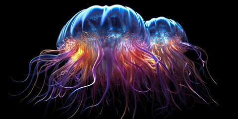 Obraz premium AI Generated. AI Generative. Vibrant jellyfish on black background. Graphic Art
