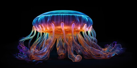 AI Generated. AI Generative. Vibrant jellyfish on black background. Graphic Art