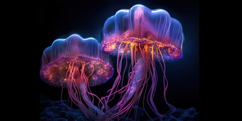 Fototapeta premium AI Generated. AI Generative. Vibrant jellyfish on black background. Graphic Art