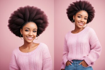Best female friends make the best profile pics. Prepare for Studio shot of two young afro women in similar pink sweaters against a pink background. Photo for memory. Friendship concept. Generative AI
