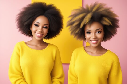 Happy young female best friends in yellow jumpers having fun together posing for picture, cheerful hipster african american girl in casual wear with funny faces taking photos for memory. Generative AI