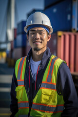 A smiling adult male supervisor wearing a reflective orange safety vest