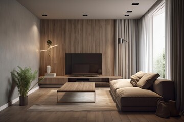 Fototapeta premium Interior design of a modern room with a sofa, pillows, curtains, and a television. Generative AI