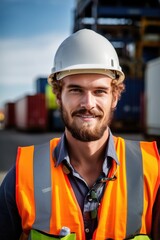 A smiling adult male cargo engineer wearing protective reflective clothing