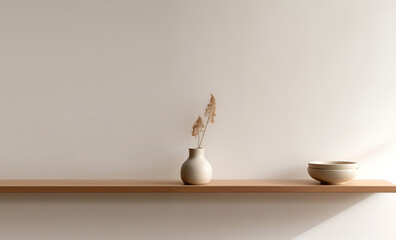 Creative interior concept. Beige nude empty wall with long wooden shelf and vase decor. Template Banner for product presentation. 3D rendering. copy text space	
