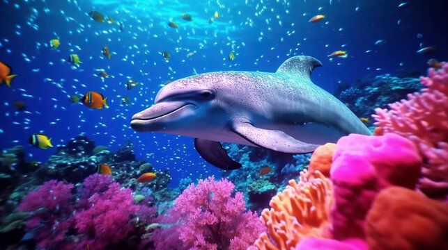 beautiful dolphin, swimming in a clear blue sea, surrounded by vibrant coral and a backdrop of a sunny sky, generative ai