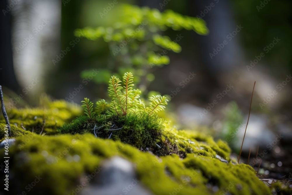 Poster detailed close up of a lush green moss growing on a rugged rock. Generative AI