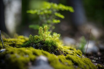 detailed close up of a lush green moss growing on a rugged rock. Generative AI