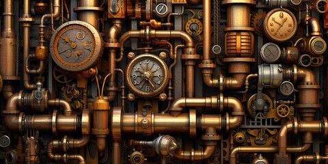 AI Generated. AI Generative. Steampunk vintage retro old pipes system. Graphic Art