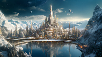 Fototapeta premium view of the city, Asgard, mythology, fantasy, clouds, future, Generated by AI