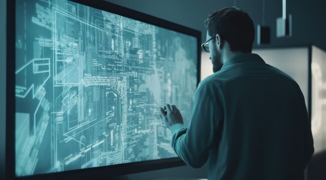 A Man Looking At Blue Hologram Screen Showing The City Plan With The Light Teal And Light Black. Generative AI AIG21.