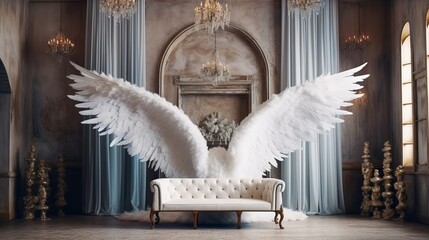 Ethereal Majesty: Ultra-Realistic Extra Large White Angel Wings as a Digital Backdrop in a Rustic Palace with Cinematic Lighting (Ultra-Wide Shot)