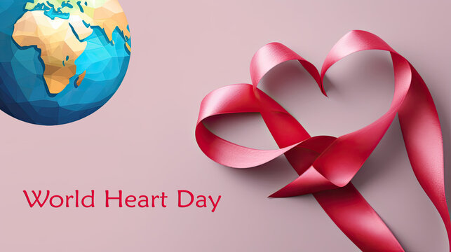 Illustrativ dargestellte Weltkugel mit rotem Band in Herzform und dem Text "World Heart Day". (Generative AI)