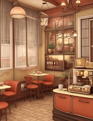 Capture the nostalgic charm of a vintage cafe scene with warm hues and soft lighting, portraying a sense of simplicity and happy moments. 
