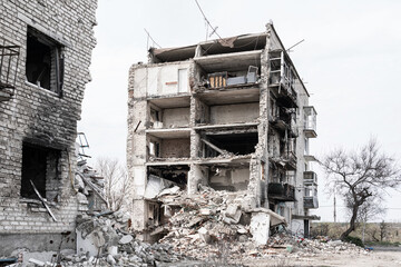 A few of a multi-story residential buildings, heavily damaged after shelling by the Russian army in...