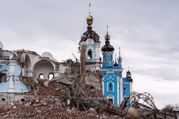 The remains of the walls of the church and monastery buildings, destroyed as a result of the attack of the Russian army on Ukraine