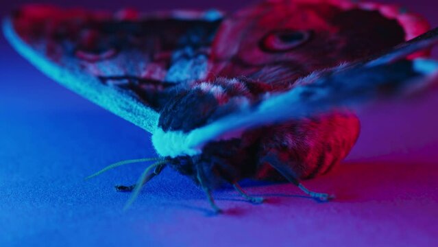 Night butterfly - Saturnia pyri, giant peacock moth under colorful neon light