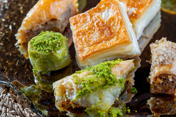 Traditional turkish baklava pistachio pastry. Dilberdudagi, ozel kesim baklava, cikolatali baklava,...