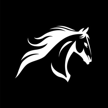 A stylized black and white horse head logo template on a black backdrop, perfect for use as branding or logo design