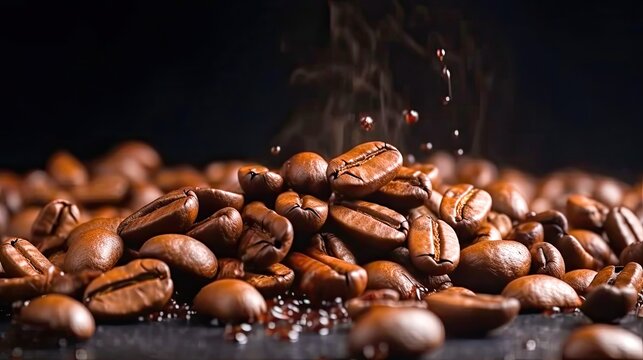 Close-up brown coffee beans banner background. Dark background. Generative ai