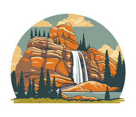 Rocky mountain with trees and waterfall landscape