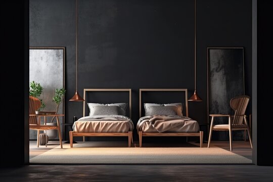 Interior of a black bedroom with two chairs and a coffee table decorated with objects, bed behind a wooden partition, and concrete floor. View from a window of the countryside. a frame Generative AI
