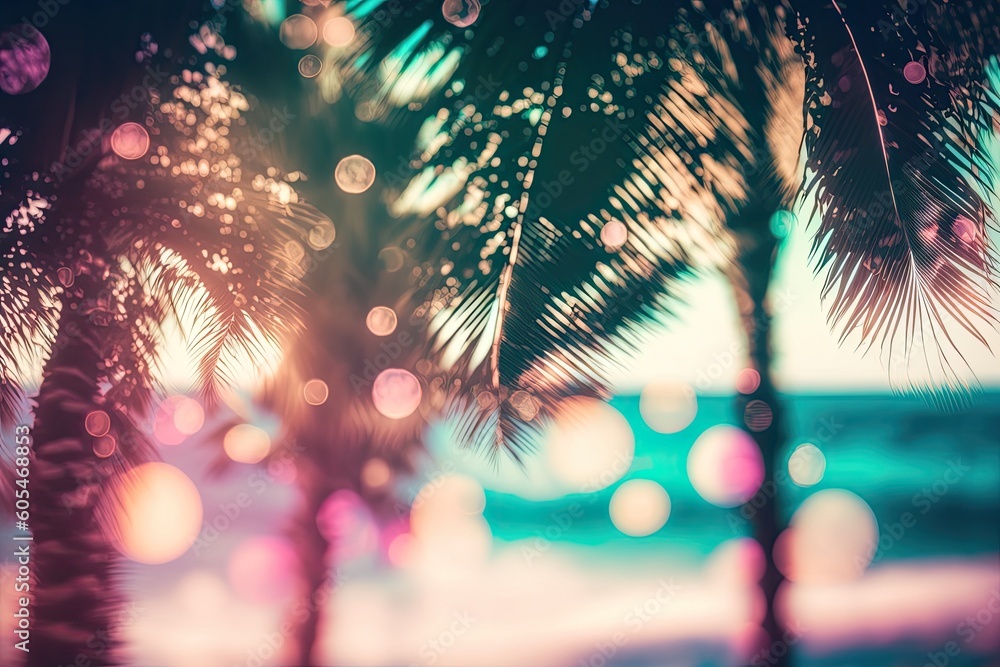 Poster serene beach scene with a palm tree in focus. generative ai