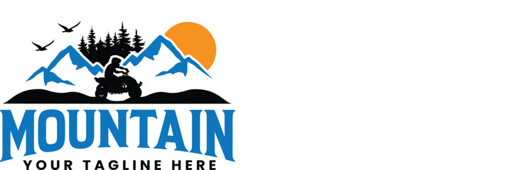 adventure vintage logo, atv logo, atv climbing mountain, mountain peak logo, mountain silhouette with atv logo design vector