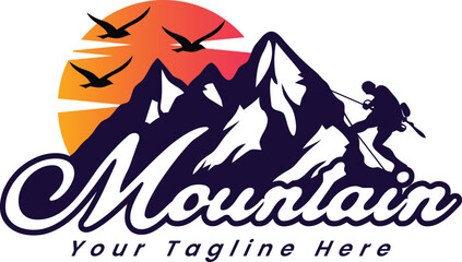 mountain adventure logo and adventure hiking, mountain travel man, mountain peak logo, mountain climber vector logo design