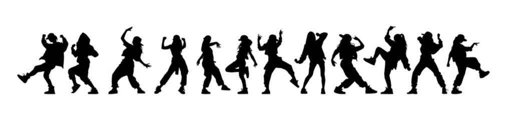 Obraz na płótnie Canvas Vector illustration. Hip hop dancer silhouette. Girl on the move. Big set.