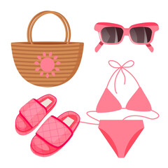 Set of fashion accessories from the sun. Summer set. Pink swimsuit, hat, sunglasses and bag.