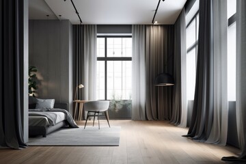 Obraz premium Interior design of a contemporary empty room with gray walls and curtains. Generative AI