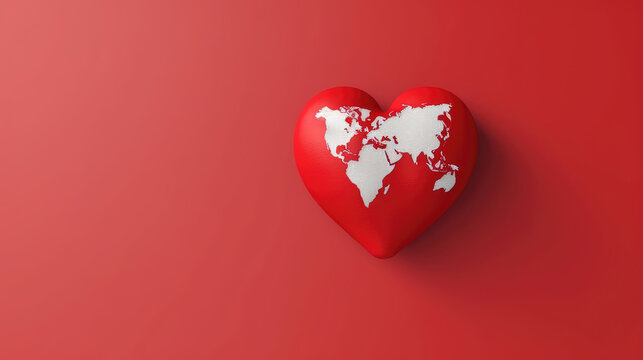 Rotes Herz mti Weltkarte auf rotem Hintergrund. Symbolisch für den Weltherztag (World Heart Day). (Generative AI)