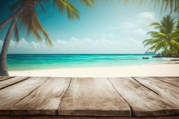 Fototapeta premium an empty wooden table with a breathtaking tropical beach in the background. Generative AI