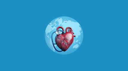 Illustrativ dargestelltes Herz mit Stethoskop auf blauem Hintergrund. (Generative AI)