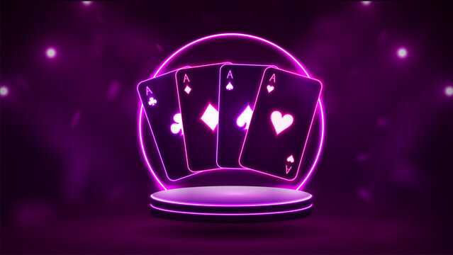 Neon poker cards on a bright podium with a round arch on a dark purple background.